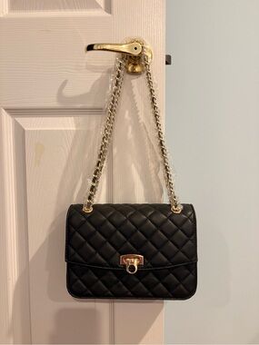 Quilted Black Chain Shoulder Bag with Gold Hardware